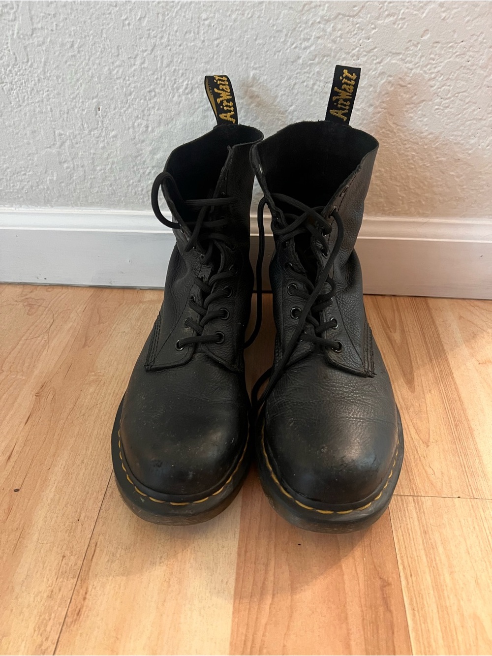 Dr. Martens Black Leather Lace-Up Boots with Yellow Stitching